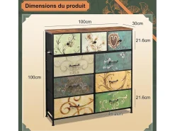 Cômoda de 9 gavetas para quarto, estilo industrial, estrutura de metal, tampo de madeira, multicolorida^ Vitrina
