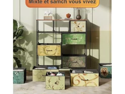 Cômoda de 9 gavetas para quarto, estilo industrial, estrutura de metal, tampo de madeira, multicolorida^ Vitrina