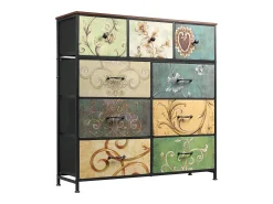 Cômoda de 9 gavetas para quarto, estilo industrial, estrutura de metal, tampo de madeira, multicolorida^ Vitrina