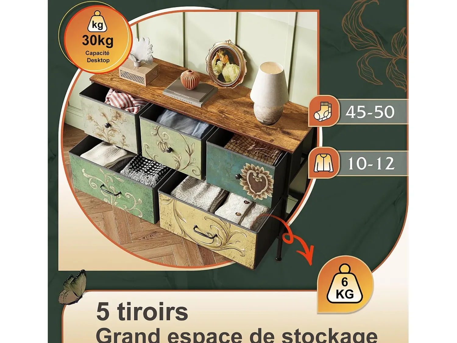 Vitrina* Cômoda de 5 gavetas para quarto, armário de armazenamento com estrutura metálica, multicolorida Multicor