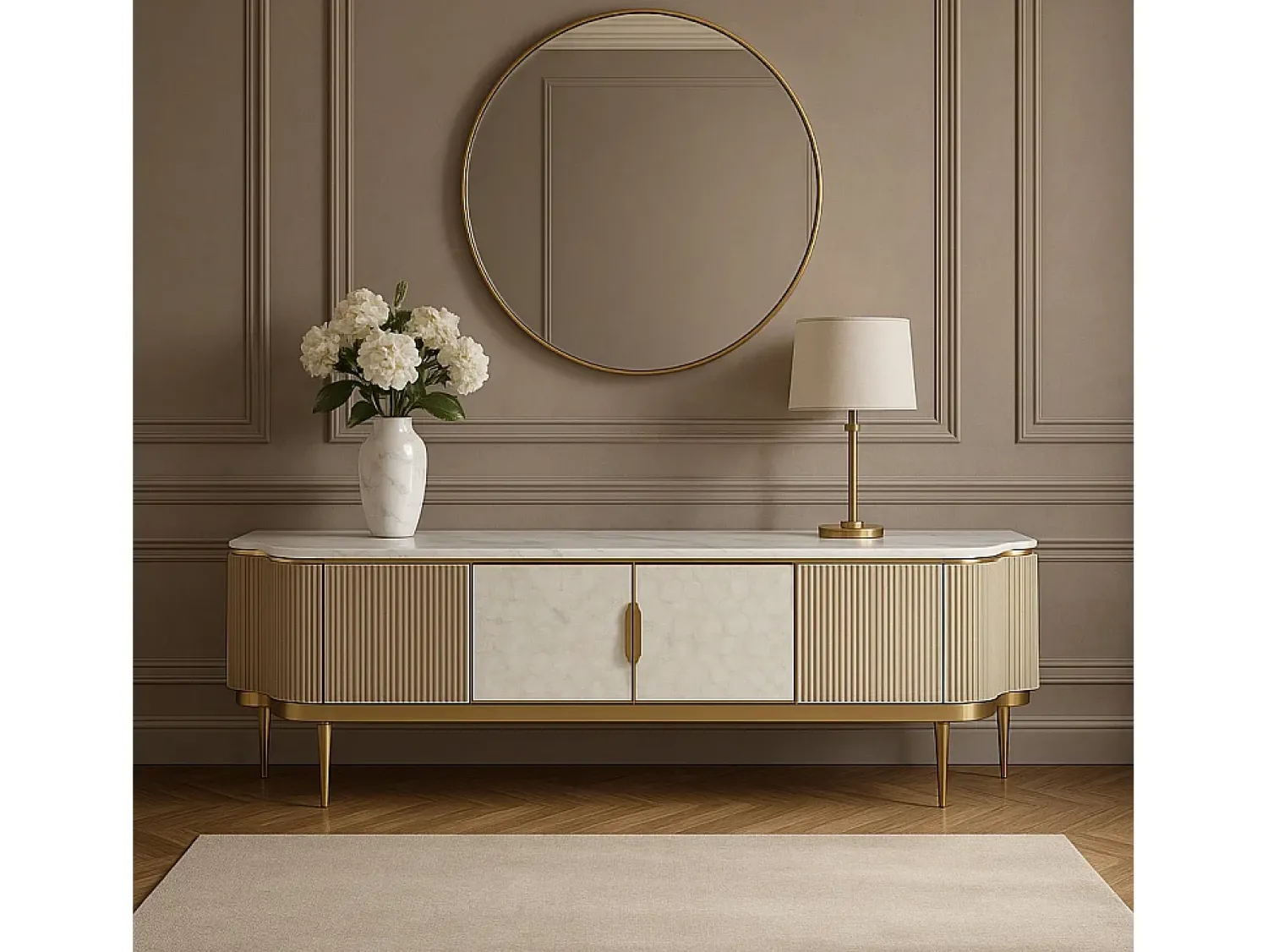 Móvel De Tv* Cómoda 200x52x40 cm dourada estilosa st905 Branco / Marfim / Dourado