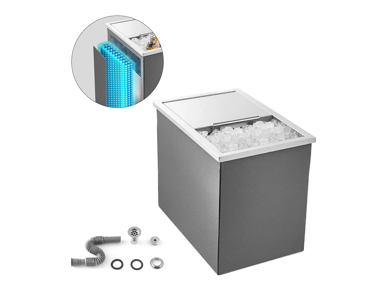 Cofre Térmico de Encastrar em Aço Inoxidável SucceBuy, 45,5 x 30,5 x 38,5 cm, Caixa de Gelo de 27,1 L, Recipiente Comercial para Armazenamento Exterior para Vinho^ Acessório Vinho E Bar