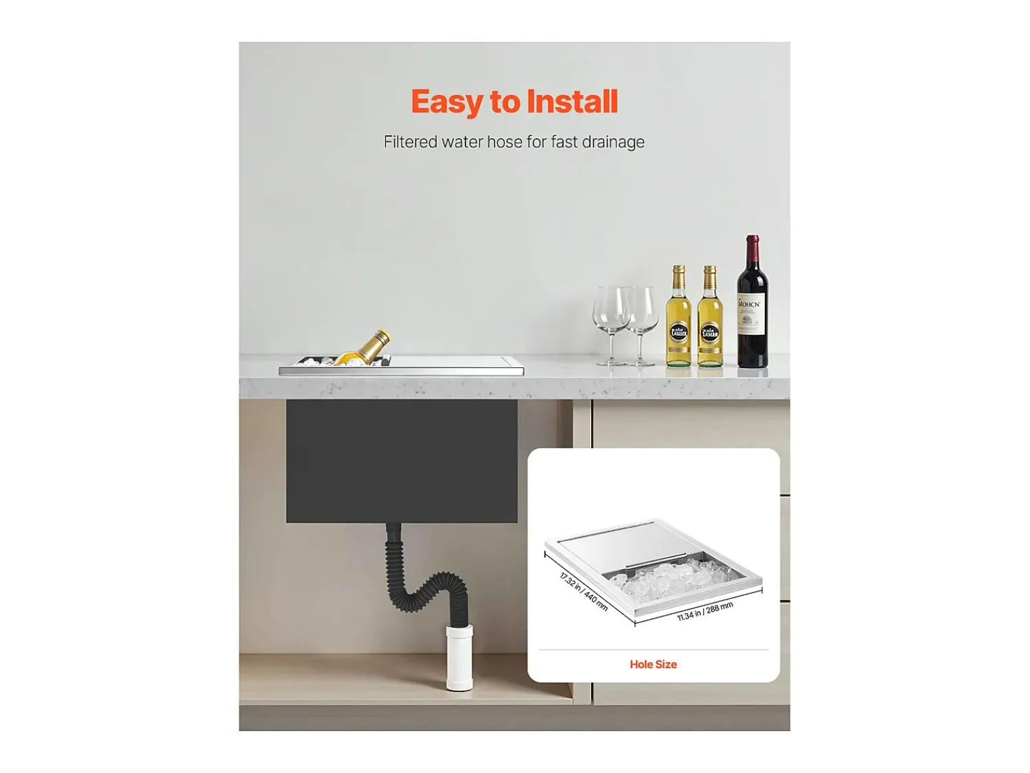 Cofre Térmico de Encastrar em Aço Inoxidável SucceBuy, 45,5 x 30,5 x 38,5 cm, Caixa de Gelo de 27,1 L, Recipiente Comercial para Armazenamento Exterior para Vinho^ Acessório Vinho E Bar