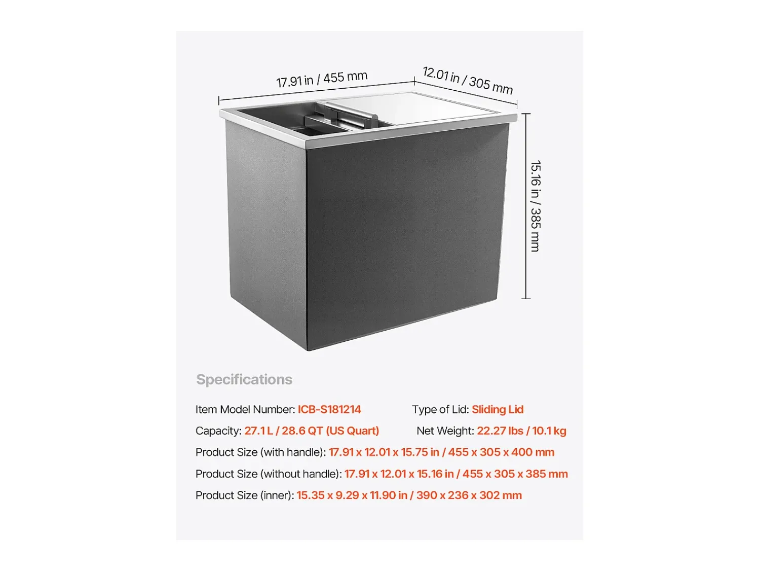 Cofre Térmico de Encastrar em Aço Inoxidável SucceBuy, 45,5 x 30,5 x 38,5 cm, Caixa de Gelo de 27,1 L, Recipiente Comercial para Armazenamento Exterior para Vinho^ Acessório Vinho E Bar
