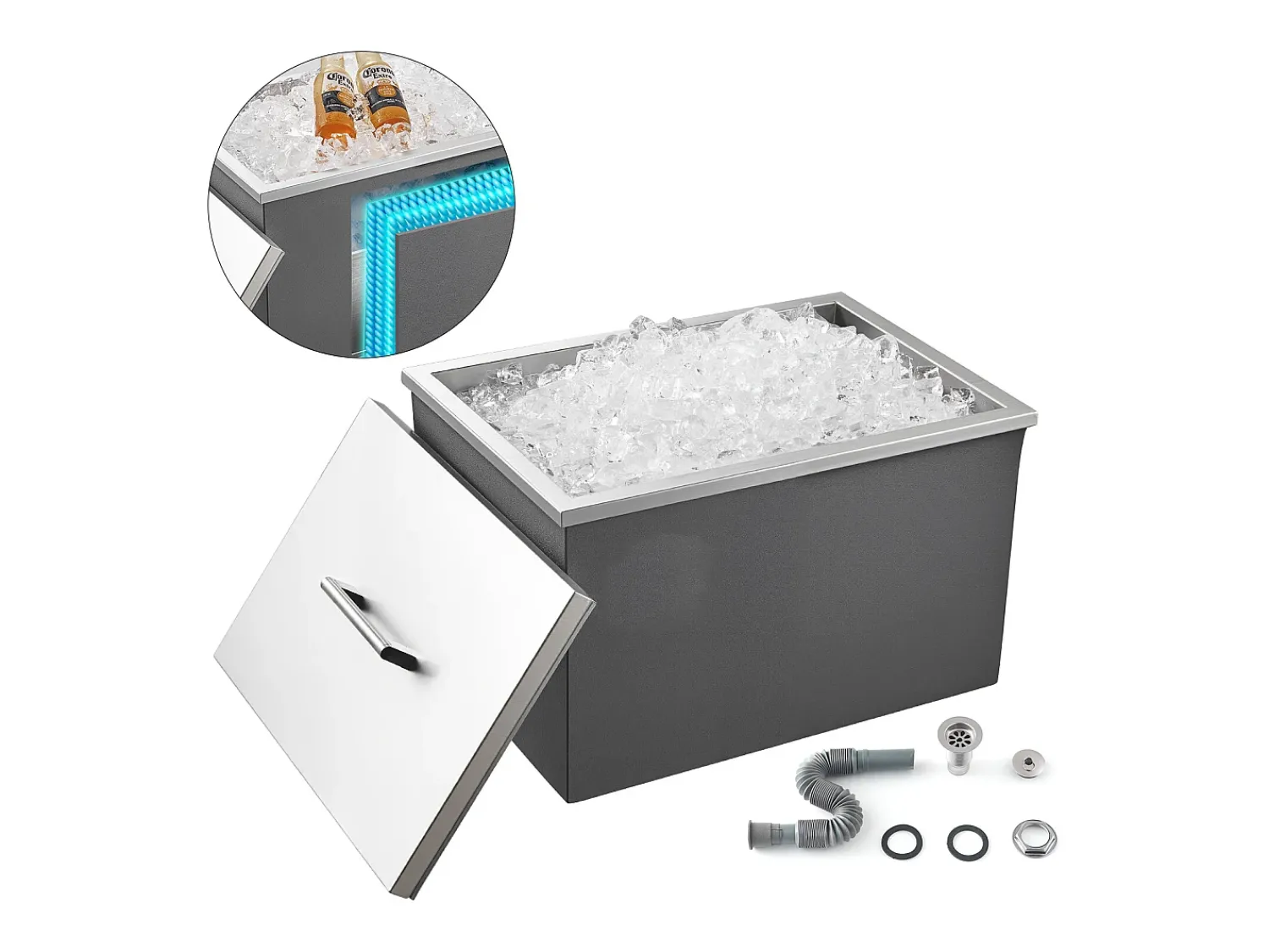 Cofre Térmico de Encastrar em Aço Inoxidável SucceBuy, 50,8 x 35,5 x 30,6 cm, Caixa de Gelo Comercial para Exterior de 30 L para Vinho e Cerveja Gelados Prateado