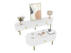 Móvel De Tv| Combinação de armário de TV e mesa de centro com gavetas e cantos arredondados. Design leve e luxuoso para a sala de estar. Branco