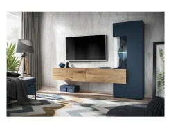 Móvel De Tv|Meublorama Composição de parede coleção MARIANO cor -marinho e carvalho. LED incluso. Móvel de TV design. Azul