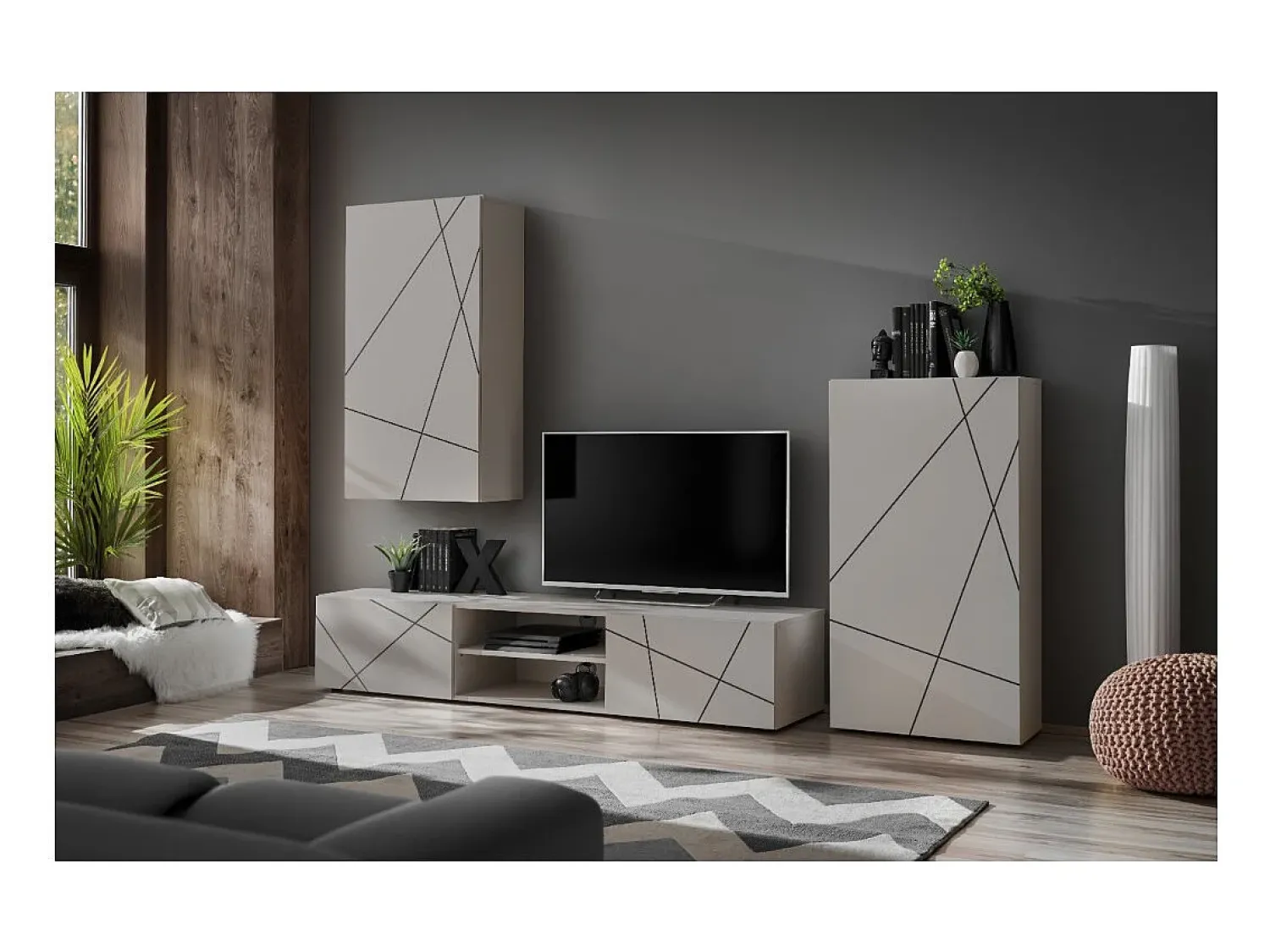Clearance Meublorama Composição de parede DASH – Móvel para TV, módulo de parede e armário de armazenamento – Acabamento Cashmere Branco