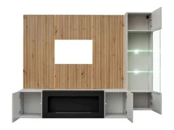 Móvel De Tv|Price Factory Composição de parede IXAR – Móvel para TV, vitrine suspensa, painéis de parede e lareira a bioetanol Cinzento claro
