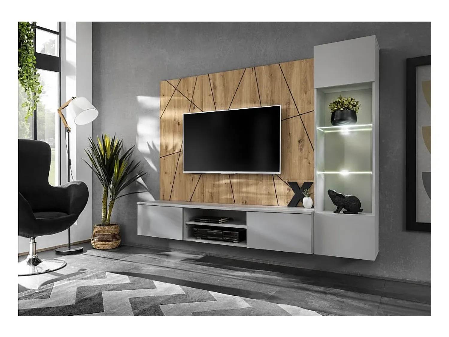 Price Factory Composição de parede IXAR geométrica – Móvel para TV + vitrine suspensa + painéis decorativos^ Móvel De Tv