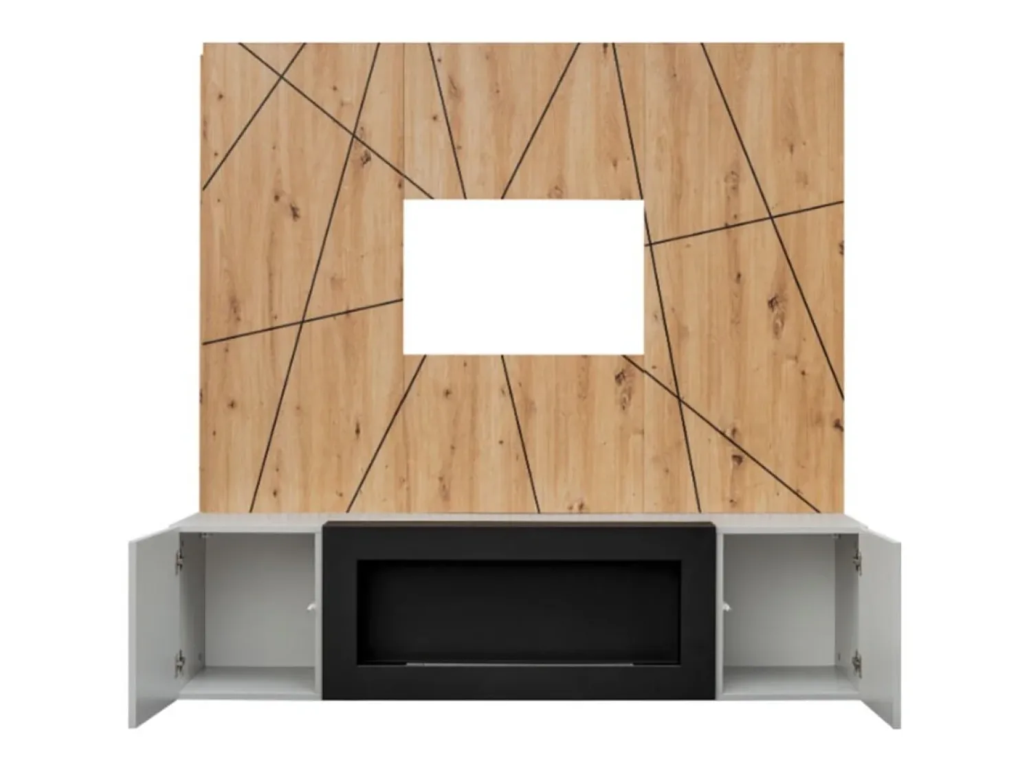 Móvel De Tv|Price Factory Composição de parede IXAR geométrica – Móvel para TV + painéis decorativos de parede + lareira a bioetanol Cinzento claro