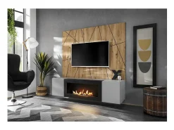 Móvel De Tv|Price Factory Composição de parede IXAR geométrica – Móvel para TV + painéis decorativos de parede + lareira a bioetanol Cinzento claro