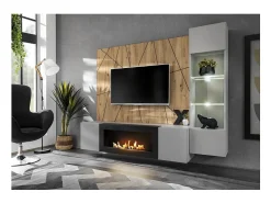 Móvel De Tv*Price Factory Composição de parede IXAR geométrica – Móvel de TV, vitrine suspensa, painéis de parede e lareira a bioetanol Cinzento claro