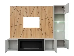 Móvel De Tv*Price Factory Composição de parede IXAR geométrica – Móvel de TV, vitrine suspensa, painéis de parede e lareira a bioetanol Cinzento claro