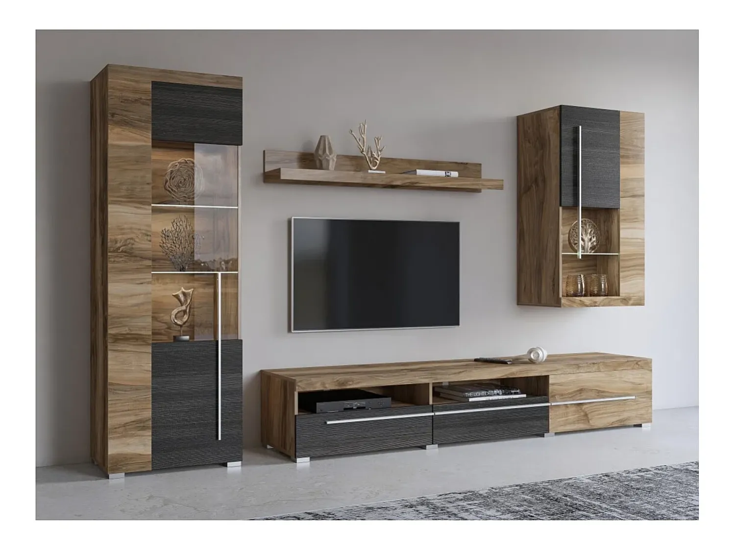 Móvel De Tv*Price Factory Composição mural BRAZZA – Móvel para TV, vitrines e prateleira – Design em nogueira acetinado Castanho