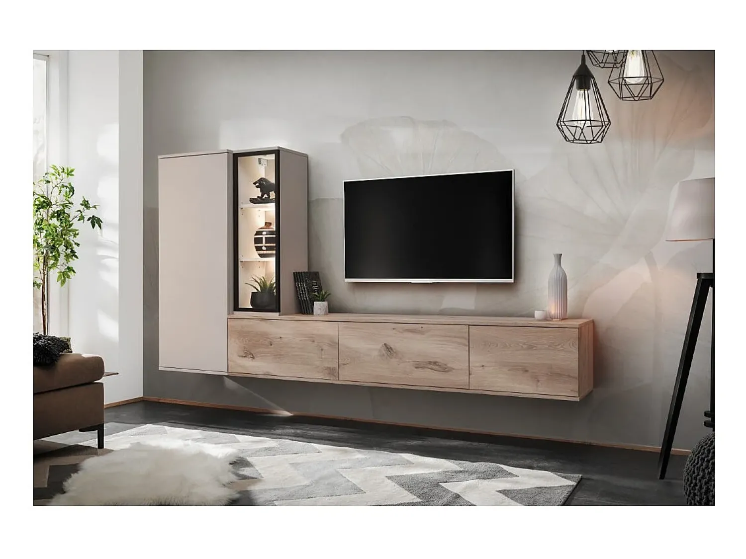 Móvel De Tv|Price Factory Composição mural CALIRE – Móvel para TV e armazenamentos suspensos – Carvalho Viking e Cashmere Castanho