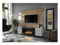 Móvel De Tv|Price Factory Composição mural IXAR – Móvel para TV, painéis de parede + lareira a bioetanol Cinzento claro