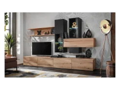 Móvel De Tv|Meublorama Composição mural ORIANE – Móveis para TV + armazenamentos suspensos – Carvalho Coast Evoke e preto fosco Castanho