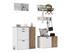Móvel De Arrumação|Sapateira|ModernLuxe Conjunto cabideiro de entrada - Sapateiro e banco de sapatos - Barra de roupas e 4 ganchos - Espelho - Natural+ Branco