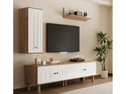 Móvel De Tv*Merax Conjunto de 3 armários de parede - aparador alto + móvel de TV + prateleira de parede - aglomerado - natural + branco Multicor