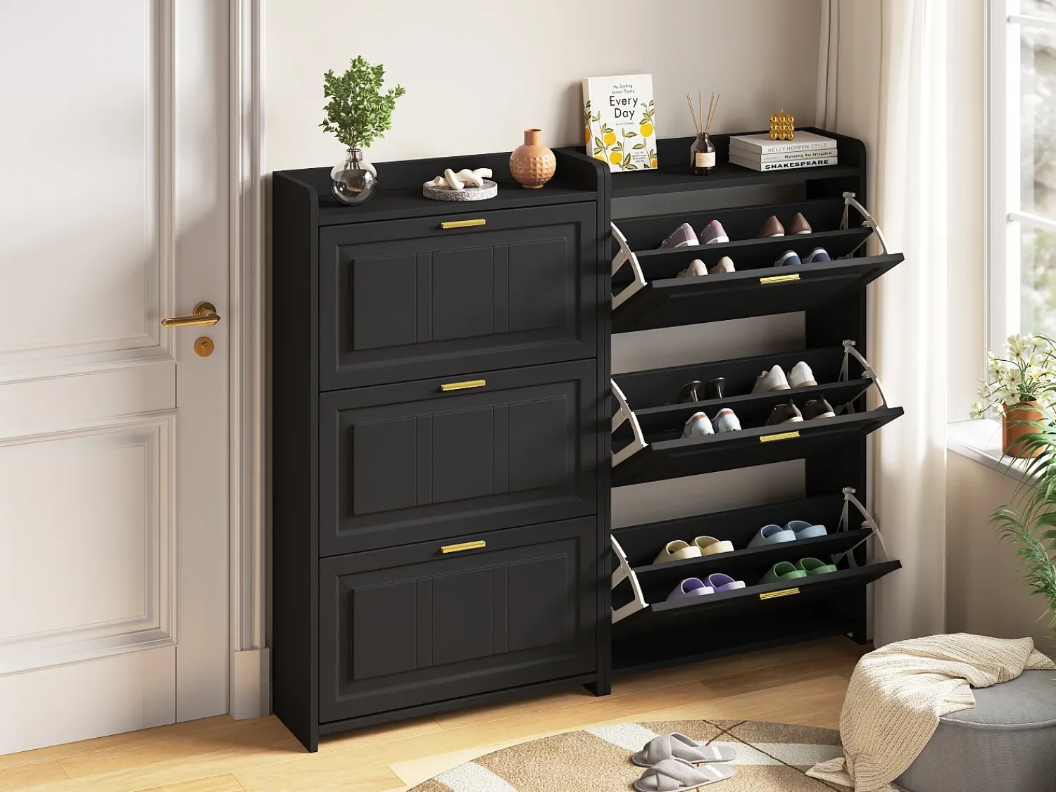 Móvel De Arrumação|Sapateira*Hauss Spole Conjunto de 2 armários para calçado 70 x 24 x 120 cm com 3 portas - Preto