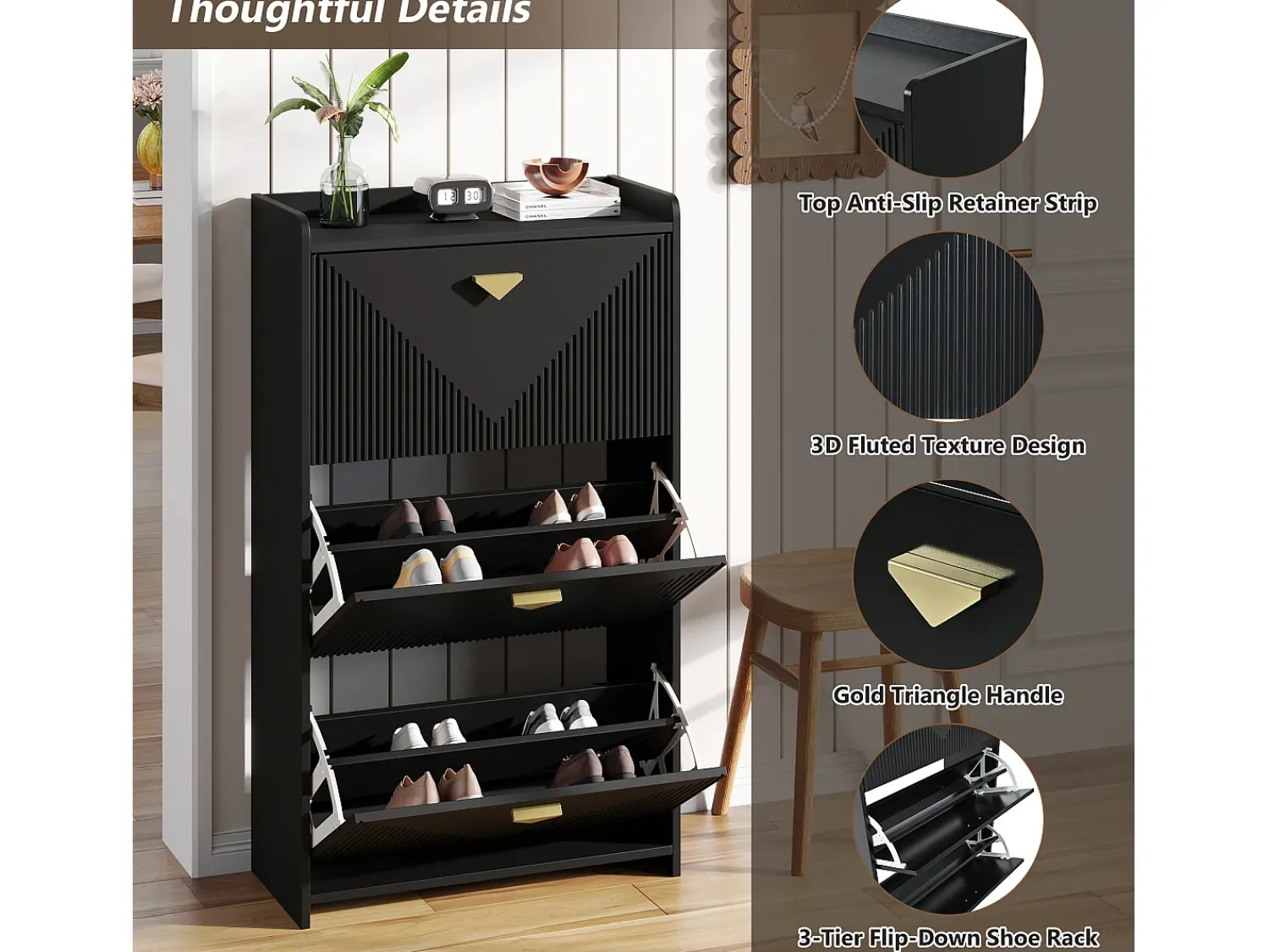 Móvel De Arrumação|Sapateira|Hauss Spole Conjunto de 2 armários para calçado com 3 portas basculantes e 6 compartimentos. Preto