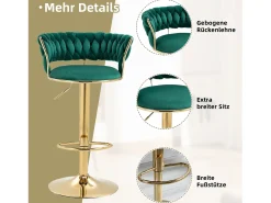 Banco*Merax Conjunto de 2 bancos altos giratórios 360° - 54 x 46 x 78/97 - altura ajustável com encosto - veludo - Verde