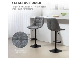 Conjunto de 2 bancos altos, reguláveis em altura e giratórios, estofados com encosto, efeito chenille, apoio para os pés, cinza escuro^ Banco
