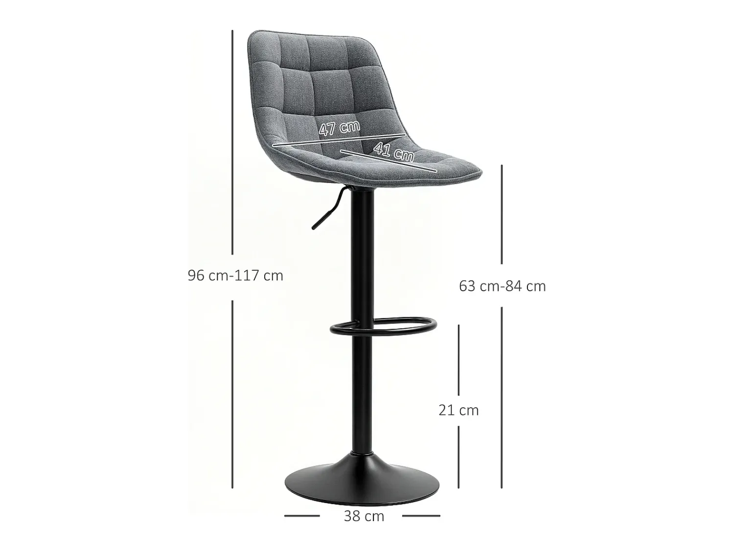 Conjunto de 2 bancos altos, reguláveis em altura e giratórios, estofados com encosto, efeito chenille, apoio para os pés, cinza escuro^ Banco