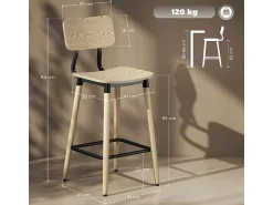 Banco| Conjunto de 2 bancos altos, com encosto e apoio para os pés, pés de aço, para cozinha, sala de estar, natural Natural claro