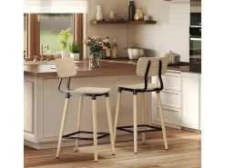 Banco| Conjunto de 2 bancos altos, com encosto e apoio para os pés, pés de aço, para cozinha, sala de estar, natural Natural claro