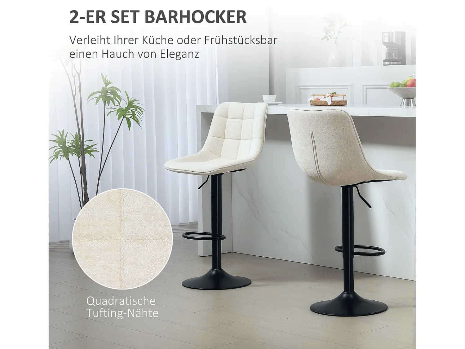 Conjunto de 2 bancos altos, reguláveis em altura e giratórios, estofados com encosto, efeito chenille, apoio para os pés,^ Banco