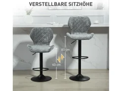 Outlet Conjunto de 2 bancos altos, reguláveis em altura e giratórios, estofados com encosto, aspecto chenille, apoio para os pés, estrutura de aço, cinza escuro Cinzento