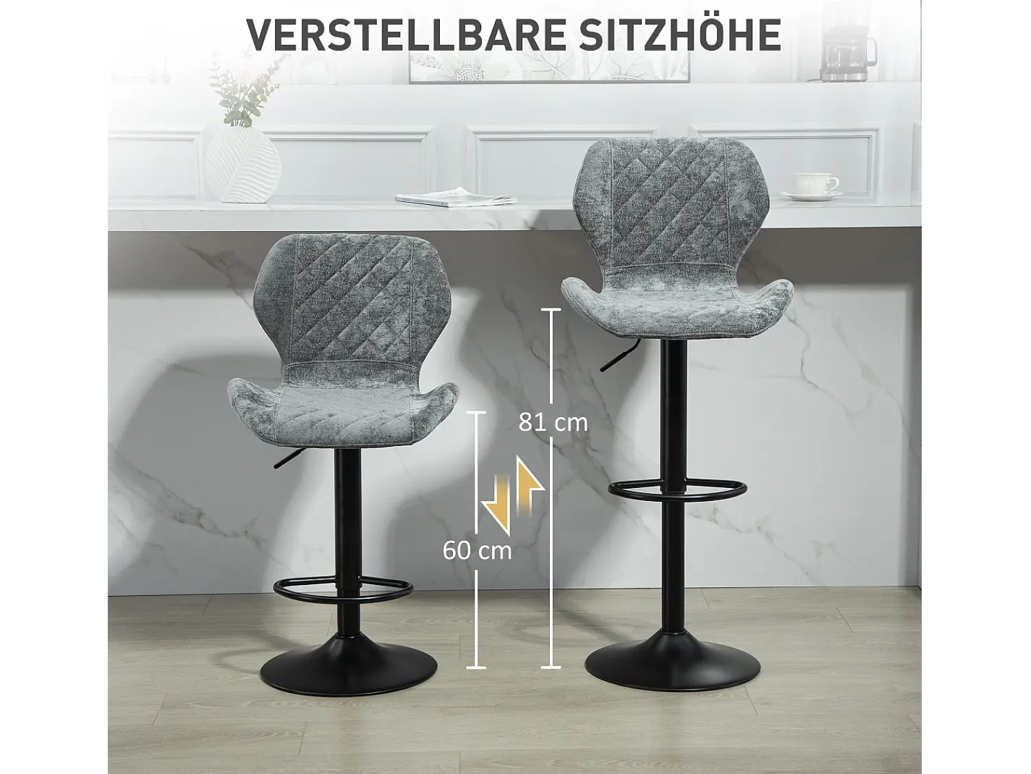 Outlet Conjunto de 2 bancos altos, reguláveis em altura e giratórios, estofados com encosto, aspecto chenille, apoio para os pés, estrutura de aço, cinza escuro Cinzento