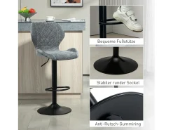 Outlet Conjunto de 2 bancos altos, reguláveis em altura e giratórios, estofados com encosto, aspecto chenille, apoio para os pés, estrutura de aço, cinza escuro Cinzento