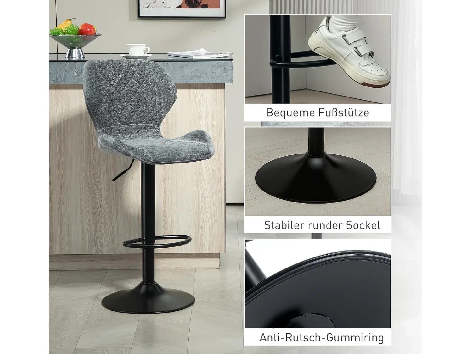 Outlet Conjunto de 2 bancos altos, reguláveis em altura e giratórios, estofados com encosto, aspecto chenille, apoio para os pés, estrutura de aço, cinza escuro Cinzento