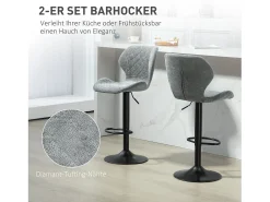 Outlet Conjunto de 2 bancos altos, reguláveis em altura e giratórios, estofados com encosto, aspecto chenille, apoio para os pés, estrutura de aço, cinza escuro Cinzento