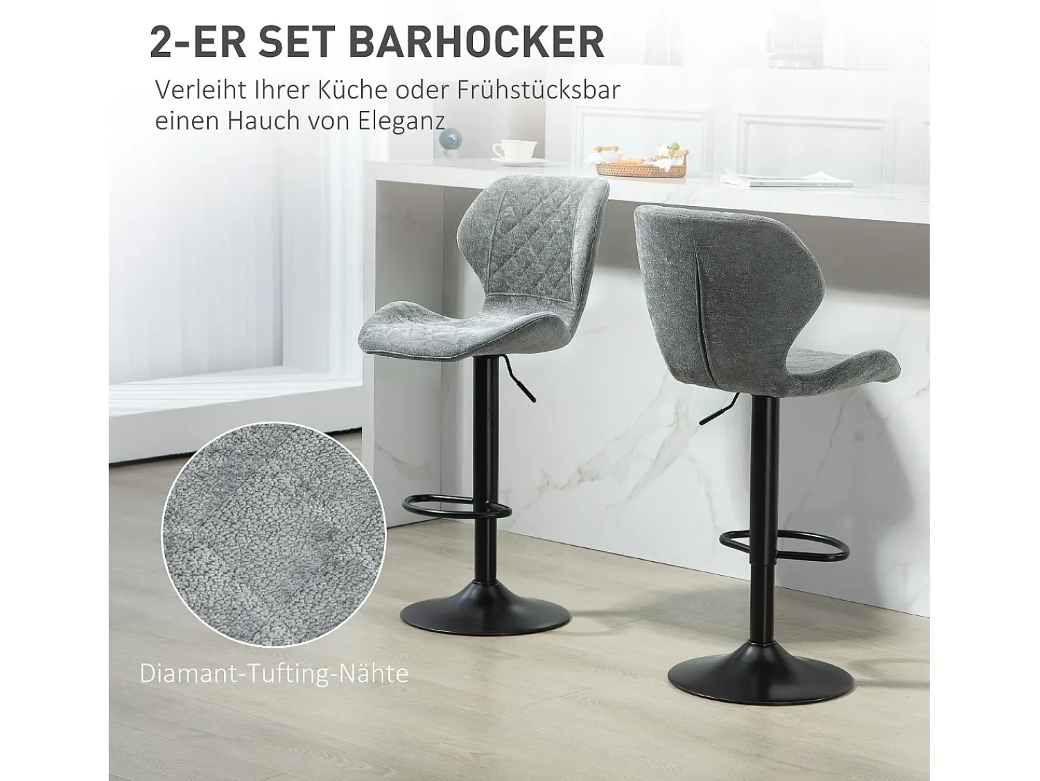 Outlet Conjunto de 2 bancos altos, reguláveis em altura e giratórios, estofados com encosto, aspecto chenille, apoio para os pés, estrutura de aço, cinza escuro Cinzento