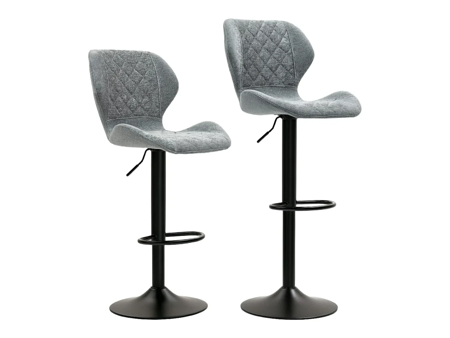 Outlet Conjunto de 2 bancos altos, reguláveis em altura e giratórios, estofados com encosto, aspecto chenille, apoio para os pés, estrutura de aço, cinza escuro Cinzento