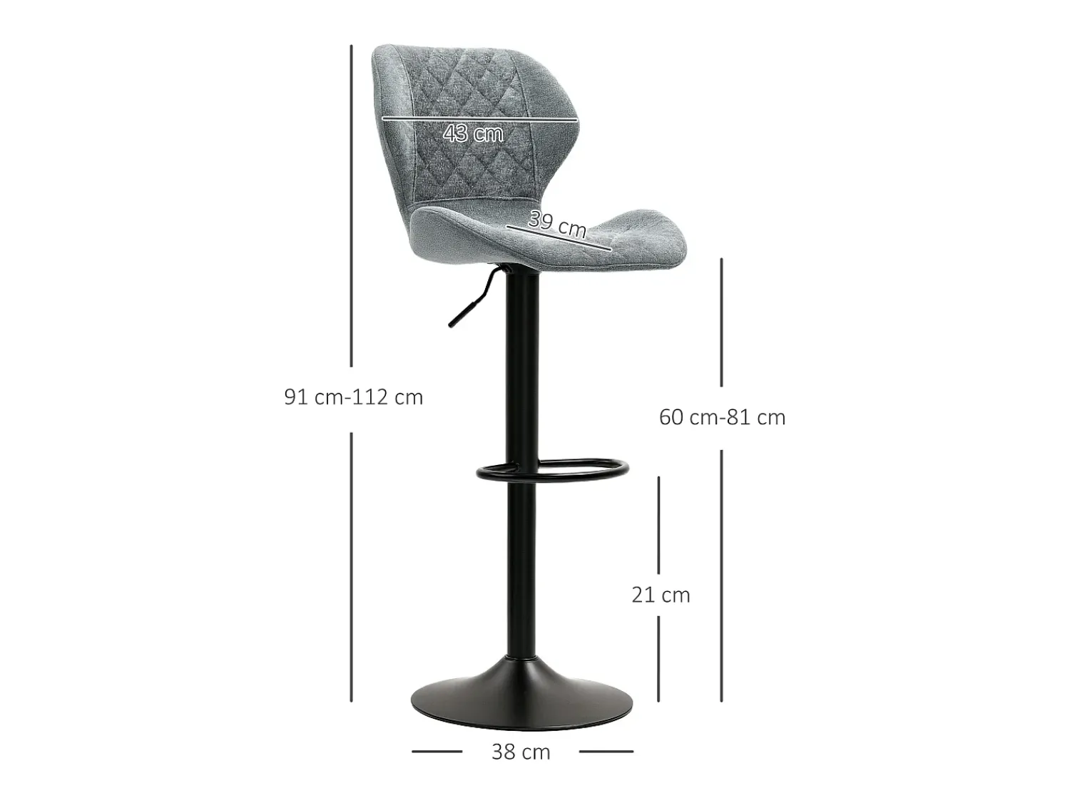 Outlet Conjunto de 2 bancos altos, reguláveis em altura e giratórios, estofados com encosto, aspecto chenille, apoio para os pés, estrutura de aço, cinza escuro Cinzento