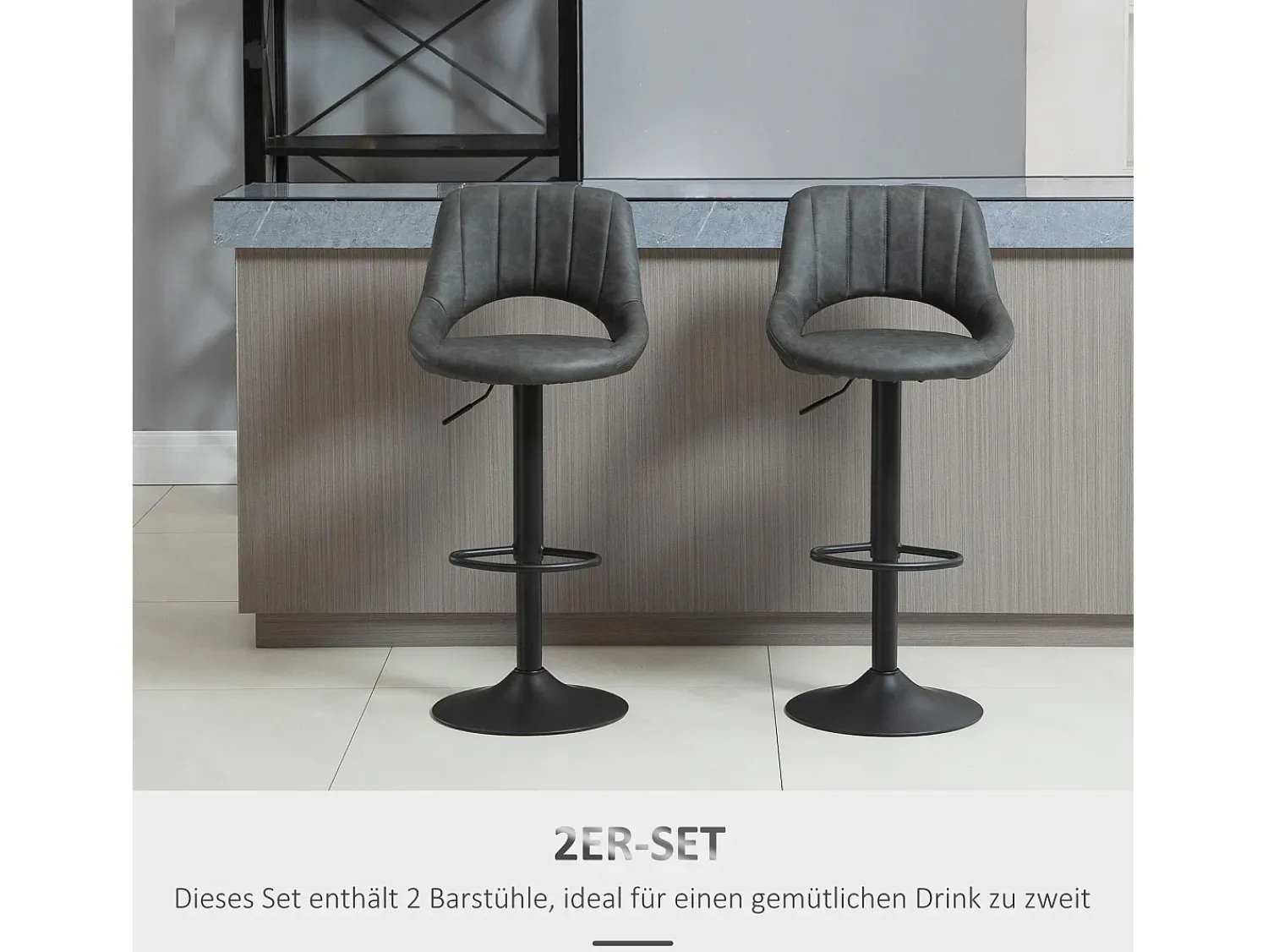 Discount Conjunto de 2 bancos de bar, bancos de cozinha giratórios, altura ajustável com apoio para os pés, aparência de couro, estrutura de metal, cinza Cinzento
