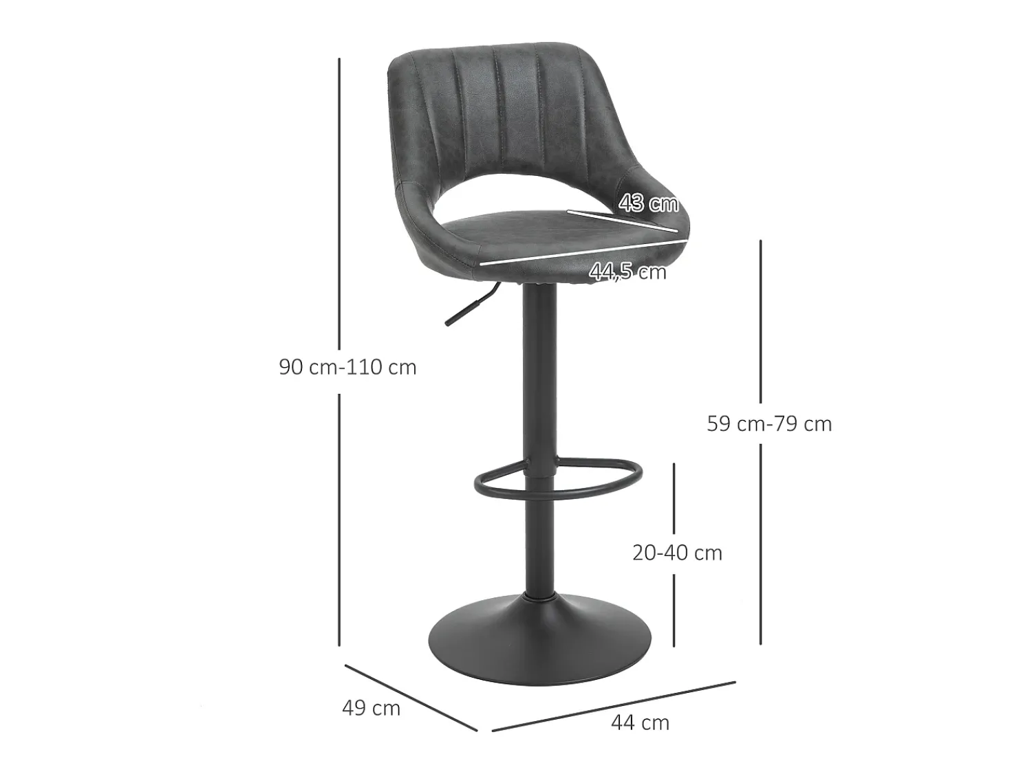 Discount Conjunto de 2 bancos de bar, bancos de cozinha giratórios, altura ajustável com apoio para os pés, aparência de couro, estrutura de metal, cinza Cinzento
