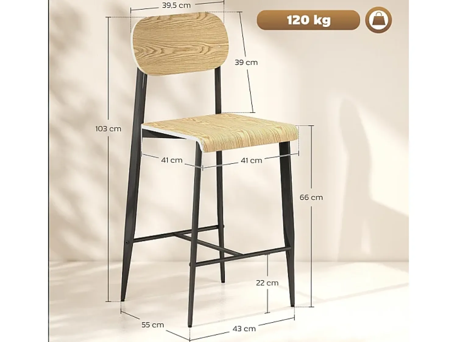 Conjunto de 2 bancos de bar, com apoio para os pés, estrutura de metal, altura do assento 66 cm, design industrial, madeira natural + preto^ Banco