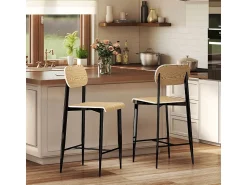 Conjunto de 2 bancos de bar, com apoio para os pés, estrutura de metal, altura do assento 66 cm, design industrial, madeira natural + preto^ Banco