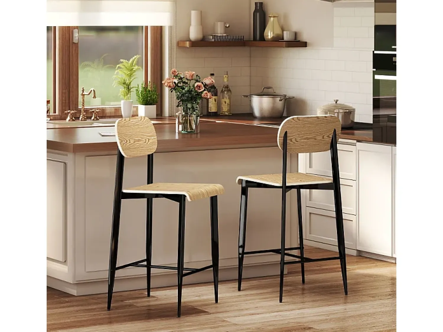 Conjunto de 2 bancos de bar, com apoio para os pés, estrutura de metal, altura do assento 66 cm, design industrial, madeira natural + preto^ Banco