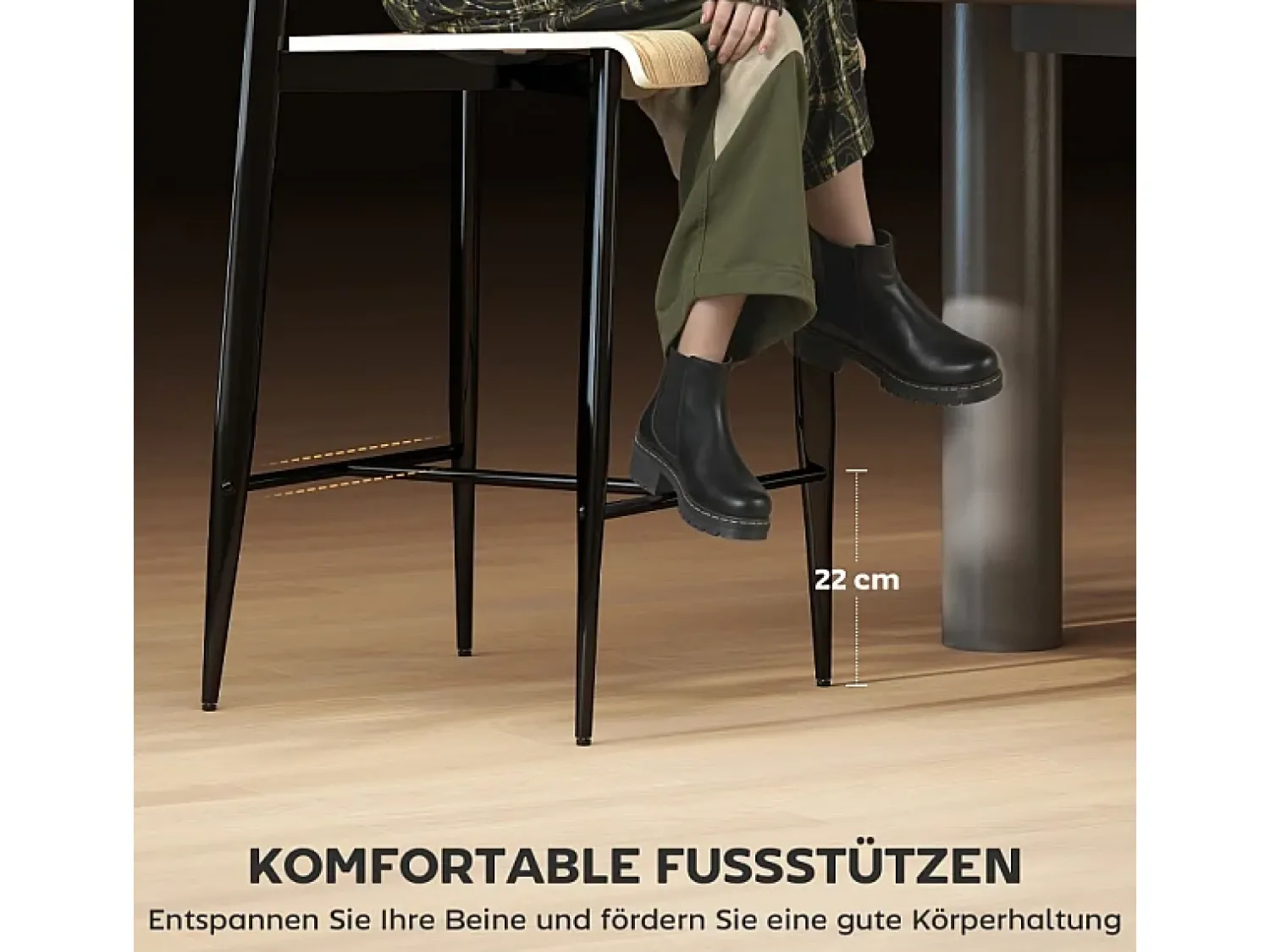 Conjunto de 2 bancos de bar, com apoio para os pés, estrutura de metal, altura do assento 66 cm, design industrial, madeira natural + preto^ Banco