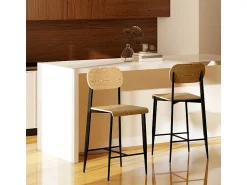 Conjunto de 2 bancos de bar, com apoio para os pés, estrutura de metal, altura do assento 66 cm, design industrial, madeira natural + preto^ Banco