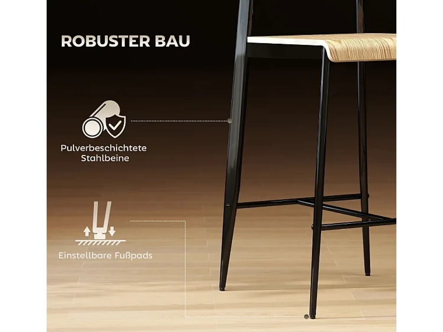 Conjunto de 2 bancos de bar, com apoio para os pés, estrutura de metal, altura do assento 66 cm, design industrial, madeira natural + preto^ Banco