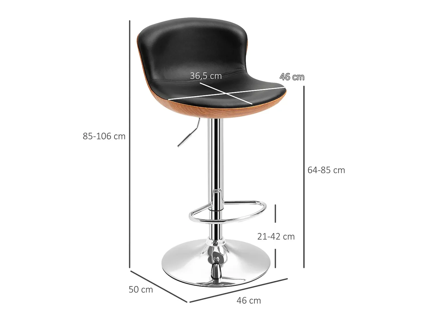 Conjunto de 2 bancos de bar, reguláveis em altura, giratórios, com apoio para os pés e encosto, couro sintético,^ Banco
