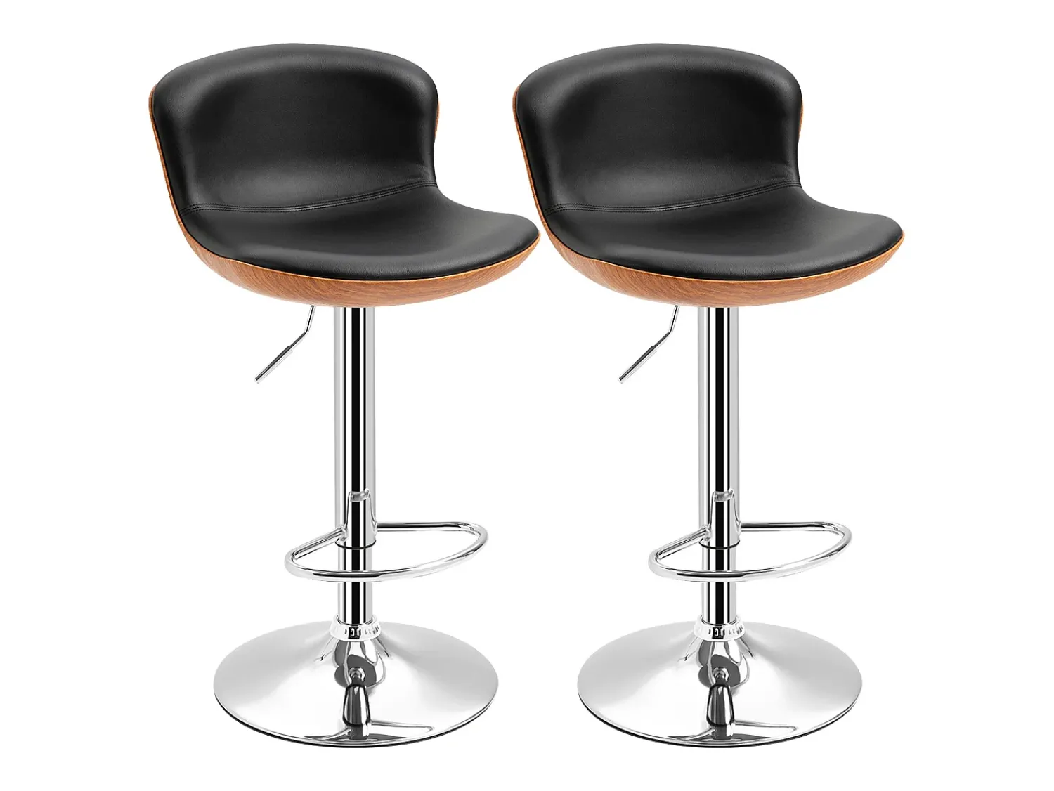 Conjunto de 2 bancos de bar, reguláveis em altura, giratórios, com apoio para os pés e encosto, couro sintético,^ Banco